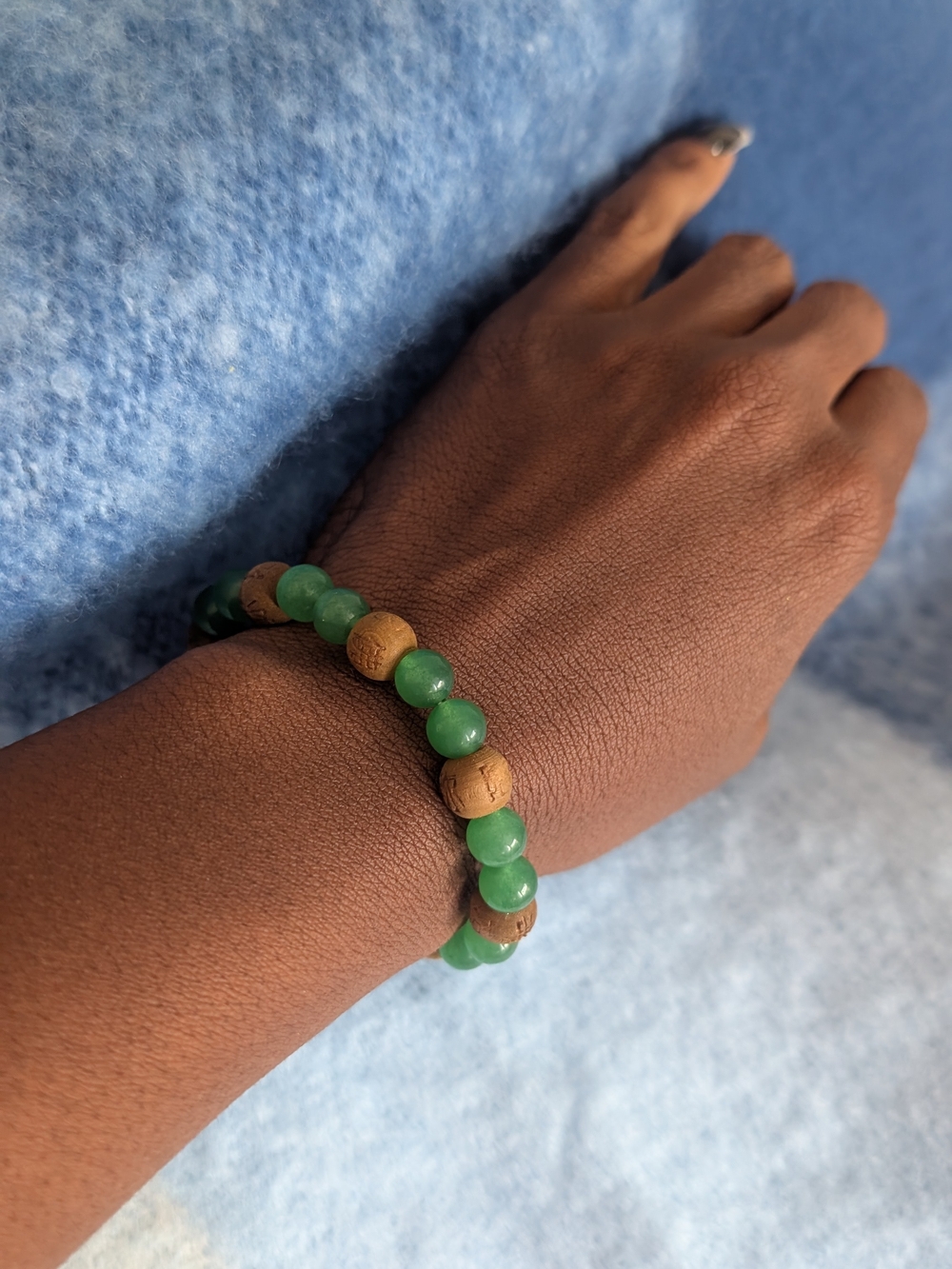 Green Beaded Bracelet with Natural Wood Accents